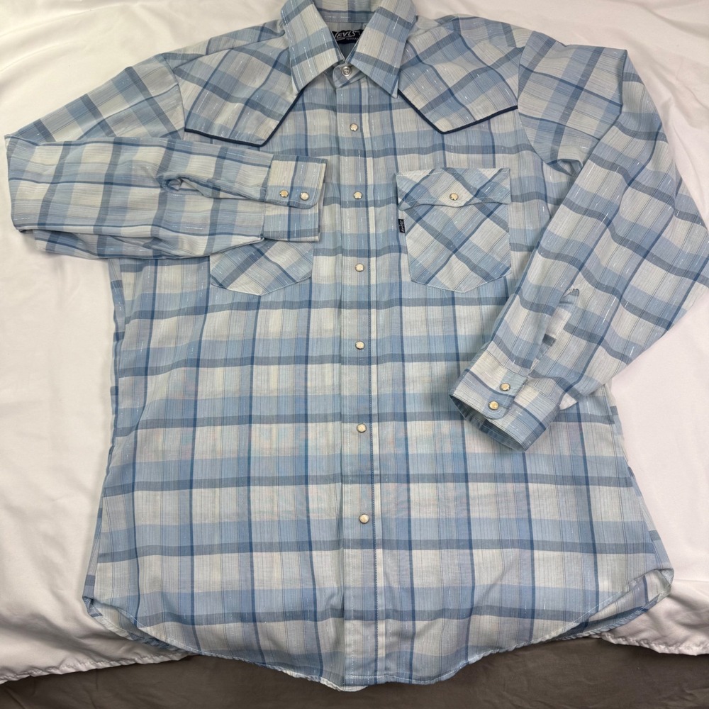 Vintage Levis Western Shirt Mens Large Blue Plaid Pearl Snap Tinsel Metallic